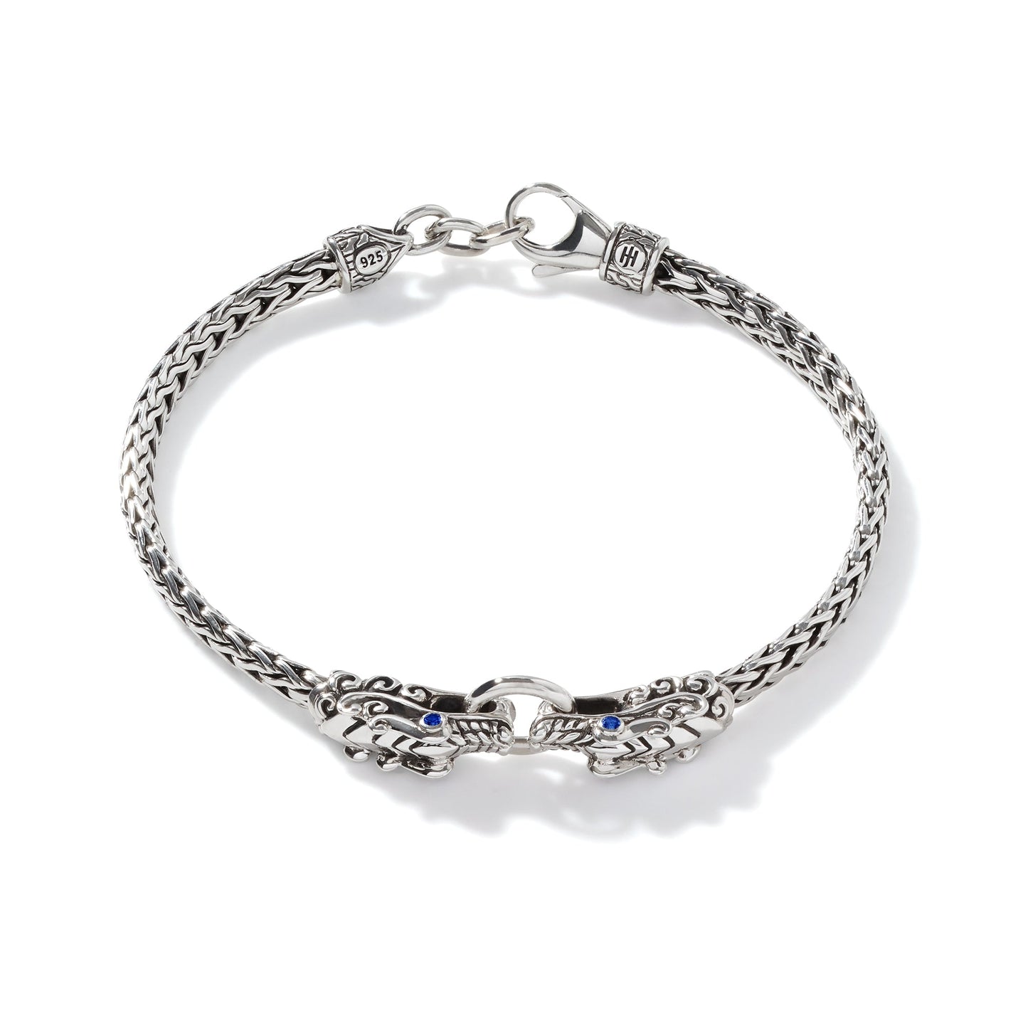 Silver Naga Collection Bracelet , Double Dragon Heads With Blue Sapphire Eyes