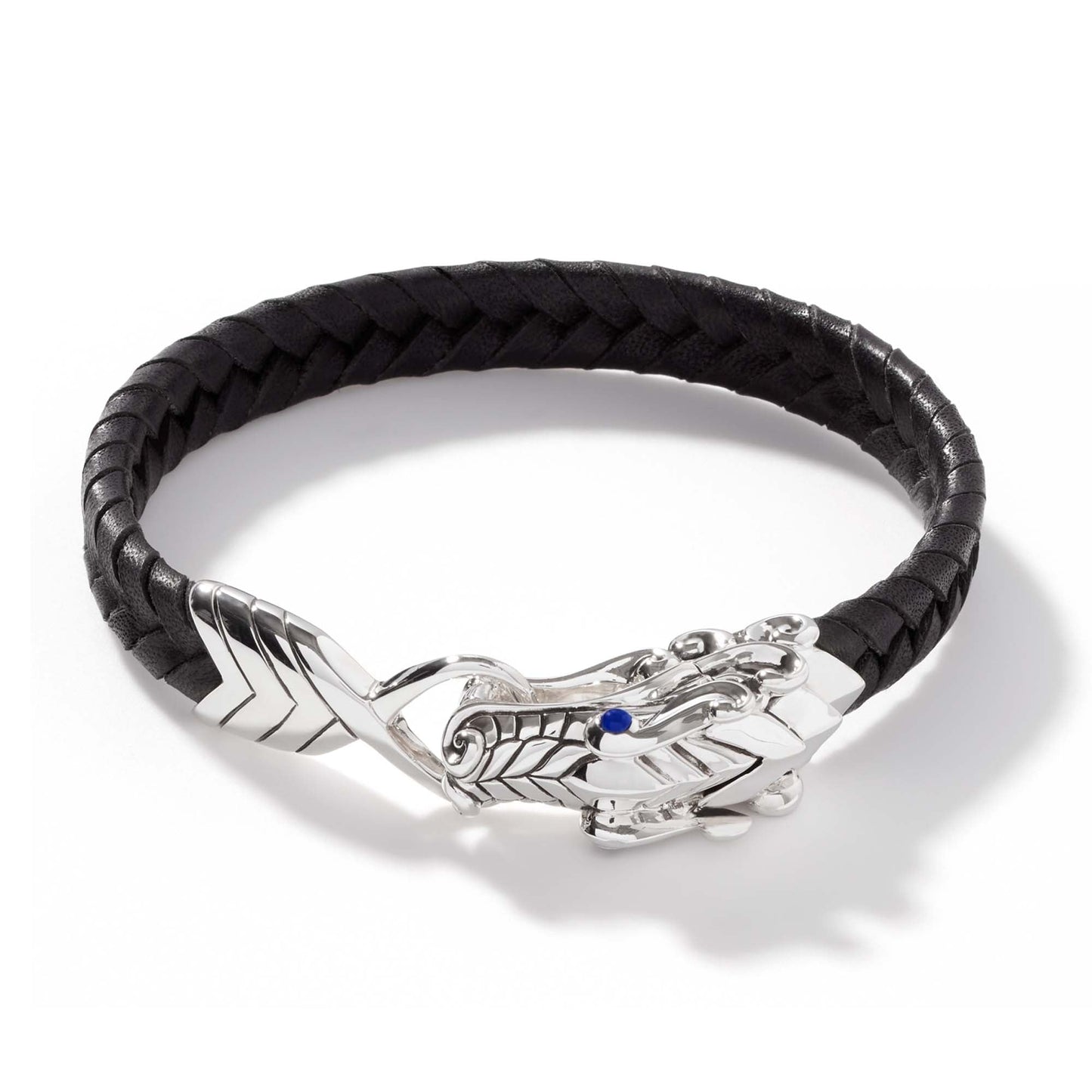 Naga Heritage 10 Mm Braided Black Leather Bracelet With Silver Dragon Head , Blue Sapphire Eyes , Size Large