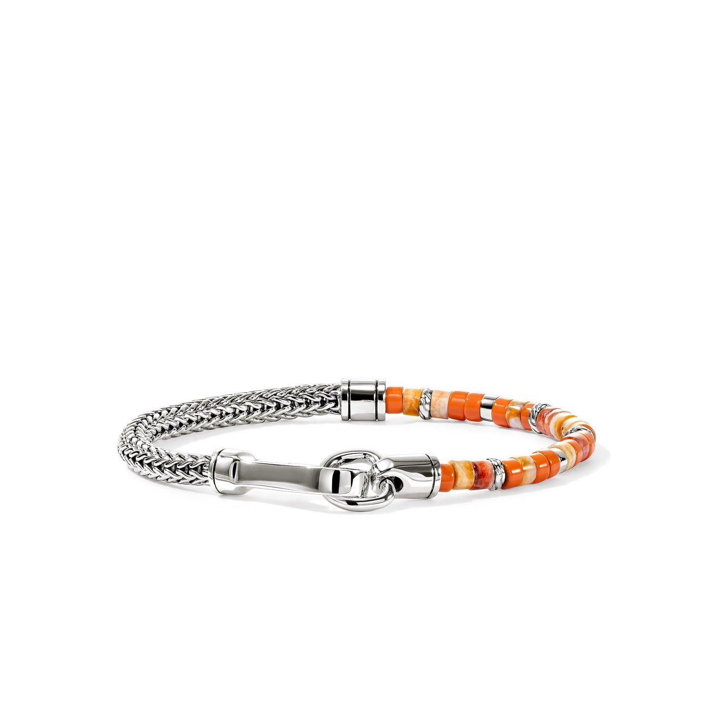 Heishi Silver Bracelet On 4 Mm Chain With 4 Mm Orange And Red Spiny Oyster Shell Beads And Orange Enamel Beads With Hook Clasp , 7.5 Inch