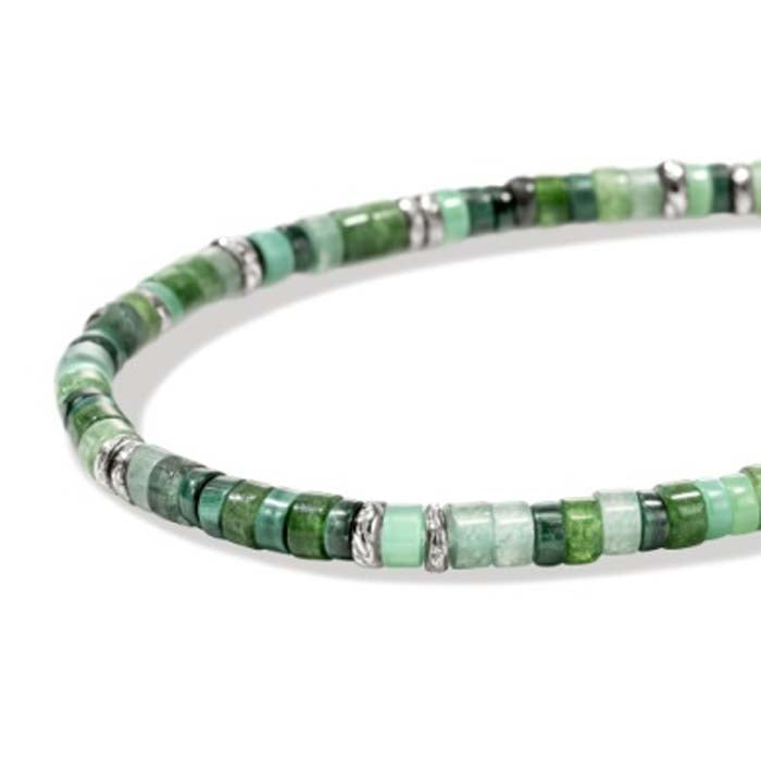 Heishi Bracelet, Sterling Silver, Hardstones - Malachite, Green Quartz, Aventurine, Chrysoprase, and Emerald Beads