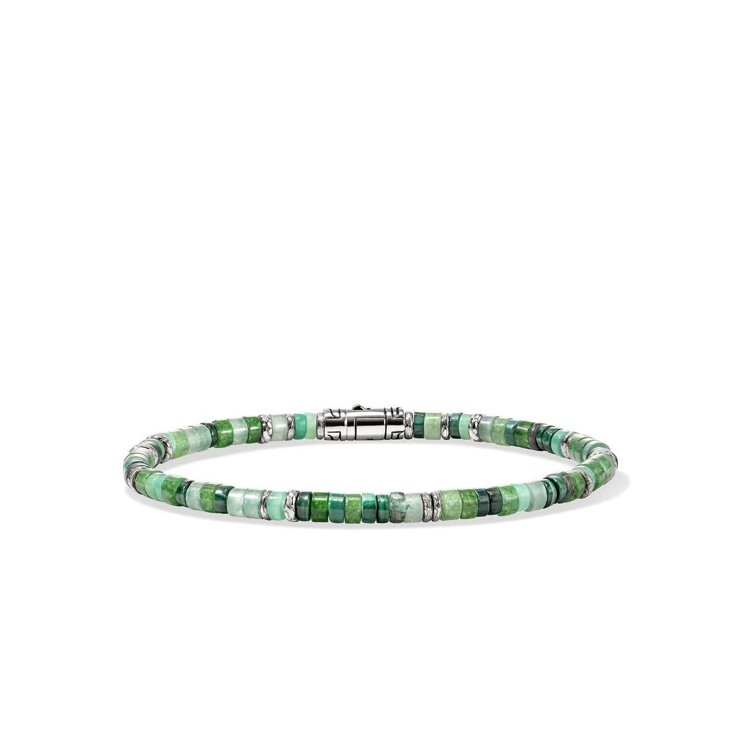 Heishi Silver Bracelet With 4 Mm Malachite , Green Quartz , Aventurine , Chrysoprase And Emerald Beads Wityh Pusher Clasp , Size Medium