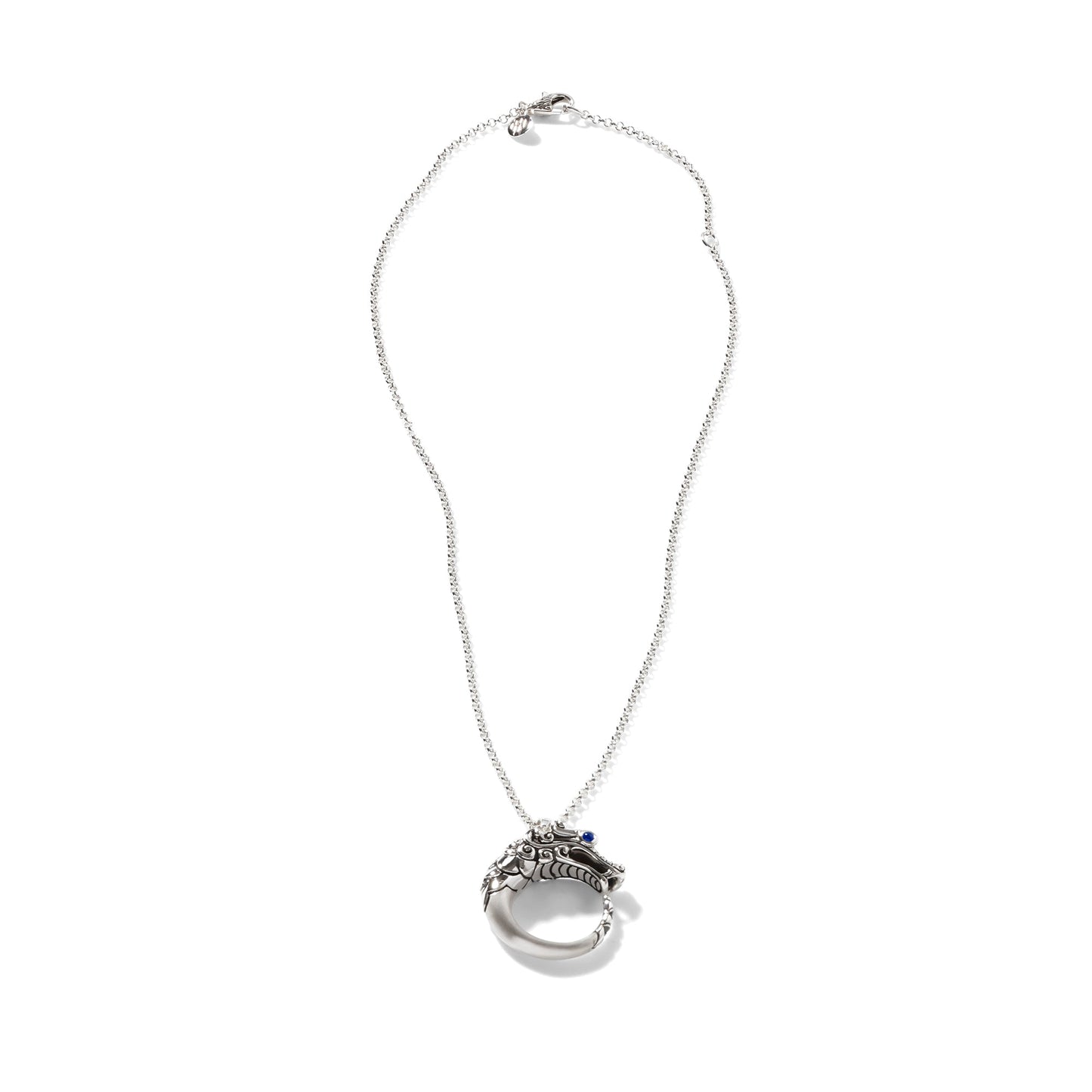 Naga Heritaga Silver 2 Mm Mini Rolo Chain With Dragon Pendant , Brushed Finish With Black Sapphire Accents And Blue Sapphire Eyes , Adjustable 16/18 Inch