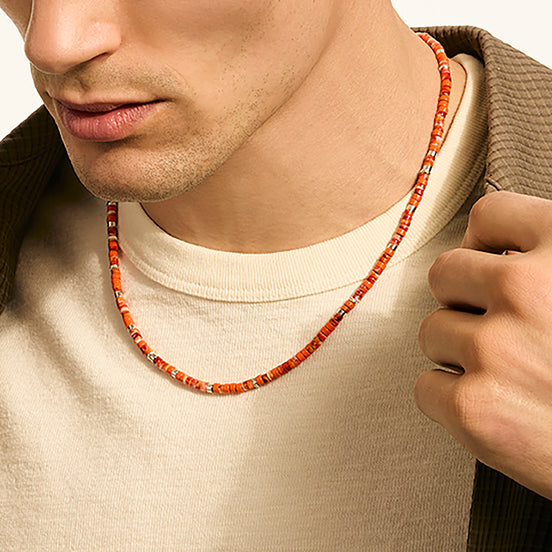 Heishi Necklace, Sterling Silver, Hardstones - Spiny Oyster Shell and Orange Enamel Beads