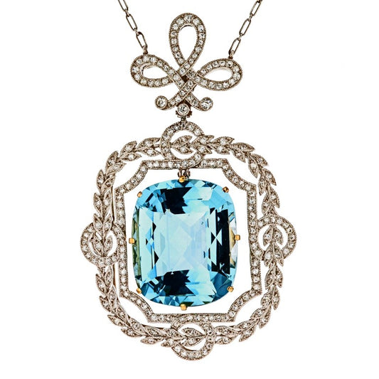Antique Cushion Cut Aquamarine and Diamond Necklace