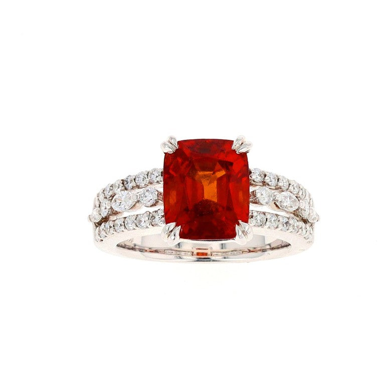 Rectangular Cut Orange Spinel and Diamond Ring