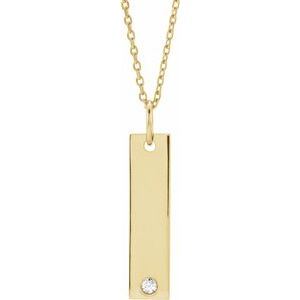14K Yellow Gold .03 CT Natural Diamond Engravable Bar 16-18" Necklace