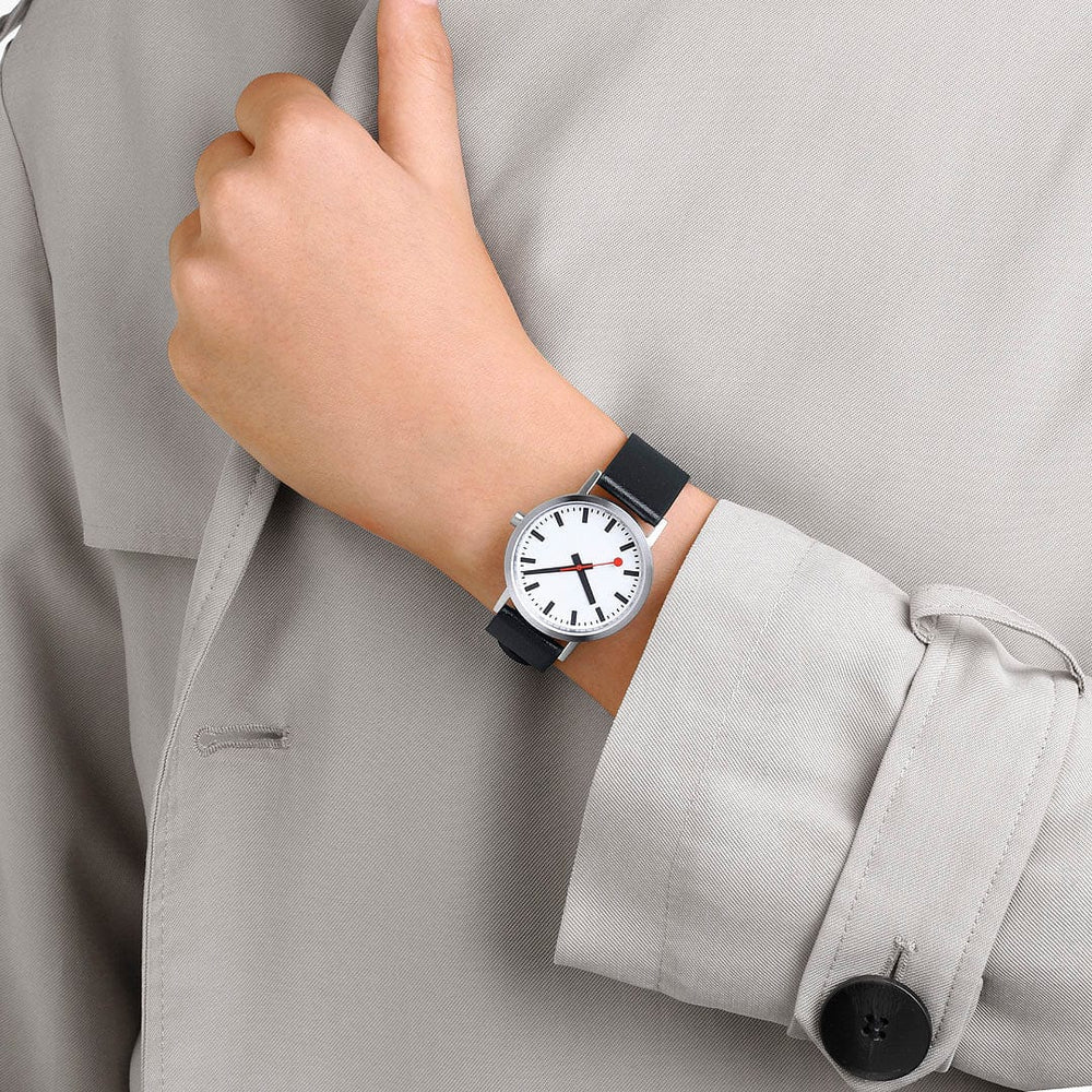 CLASSIC BRUSHED STEEL - WHITE DIAL - BLACK VEGAN GRAPE LEATHER - 36 MM