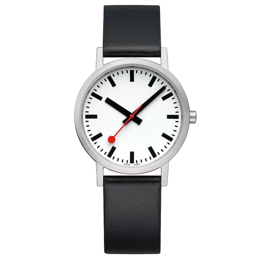 CLASSIC BRUSHED STEEL - WHITE DIAL - BLACK VEGAN GRAPE LEATHER - 36 MM