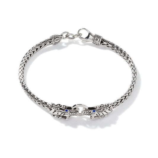 Silver Naga Collection Bracelet , Double Dragon Heads With Blue Sapphire Eyes