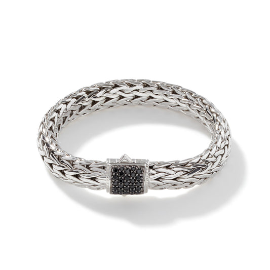 John Hardy Silver Classic Chain 10.5mm Bracelet With Black Sapphire Pusher Clasp , Size Medium — product view