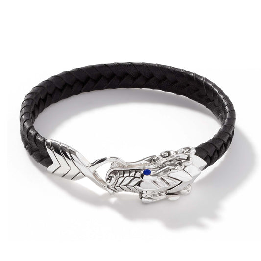 Naga Heritage 10 Mm Braided Black Leather Bracelet With Silver Dragon Head , Blue Sapphire Eyes , Size Large