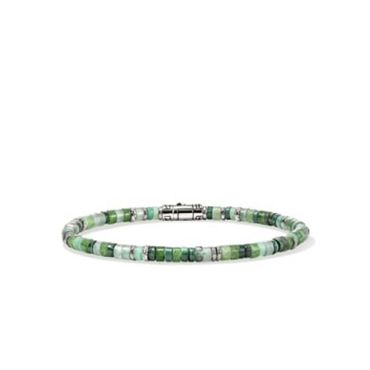 Heishi Bracelet, Sterling Silver, Hardstones - Malachite, Green Quartz, Aventurine, Chrysoprase, and Emerald Beads