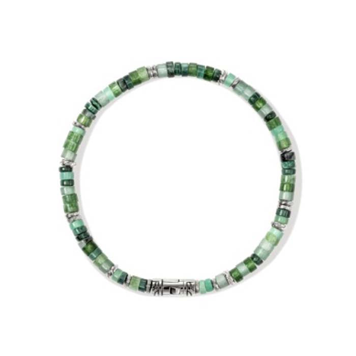 Heishi Bracelet, Sterling Silver, Hardstones - Malachite, Green Quartz, Aventurine, Chrysoprase, and Emerald Beads