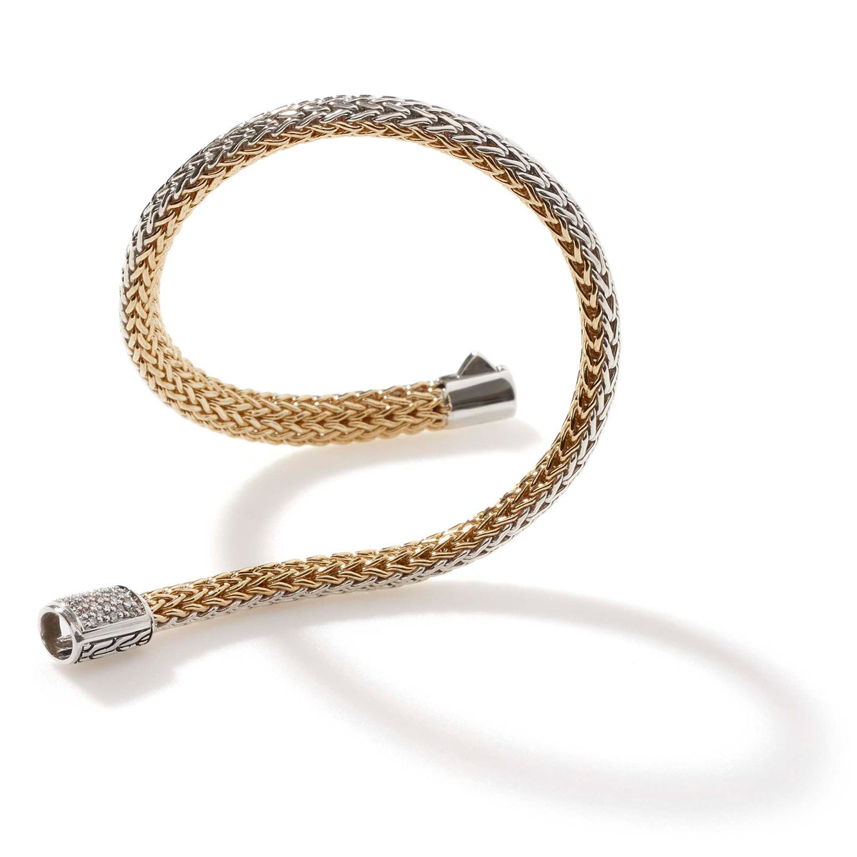 John Hardy Icon 18KY 5 Mm Bracelet With Pave Diamond Pusher Clasp Reversible To All Silver — detail view 2