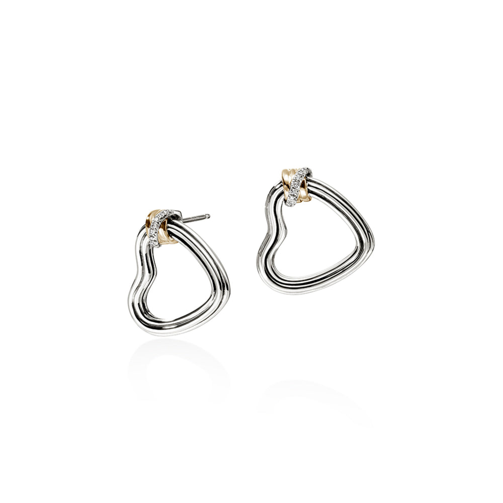 Bamboo Heart Earring, Silver, Gold, Diamonds