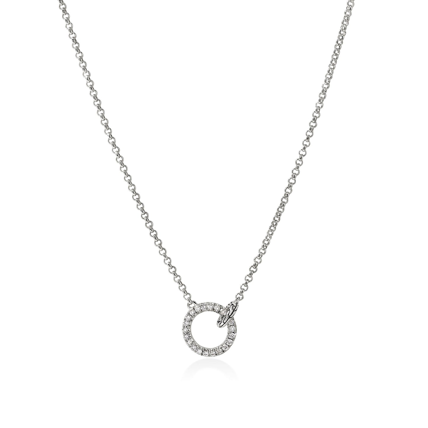 Essentials Silver 2 mm Mini Rolo Chain Interlocking Necklace, 16/18 Inch Adjustable . Diamond Circle