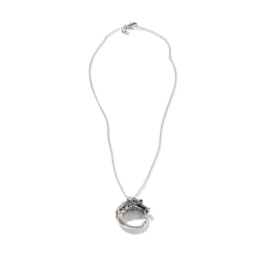 Naga Heritaga Silver 2 Mm Mini Rolo Chain With Dragon Pendant , Brushed Finish With Black Sapphire Accents And Blue Sapphire Eyes , Adjustable 16/18 Inch