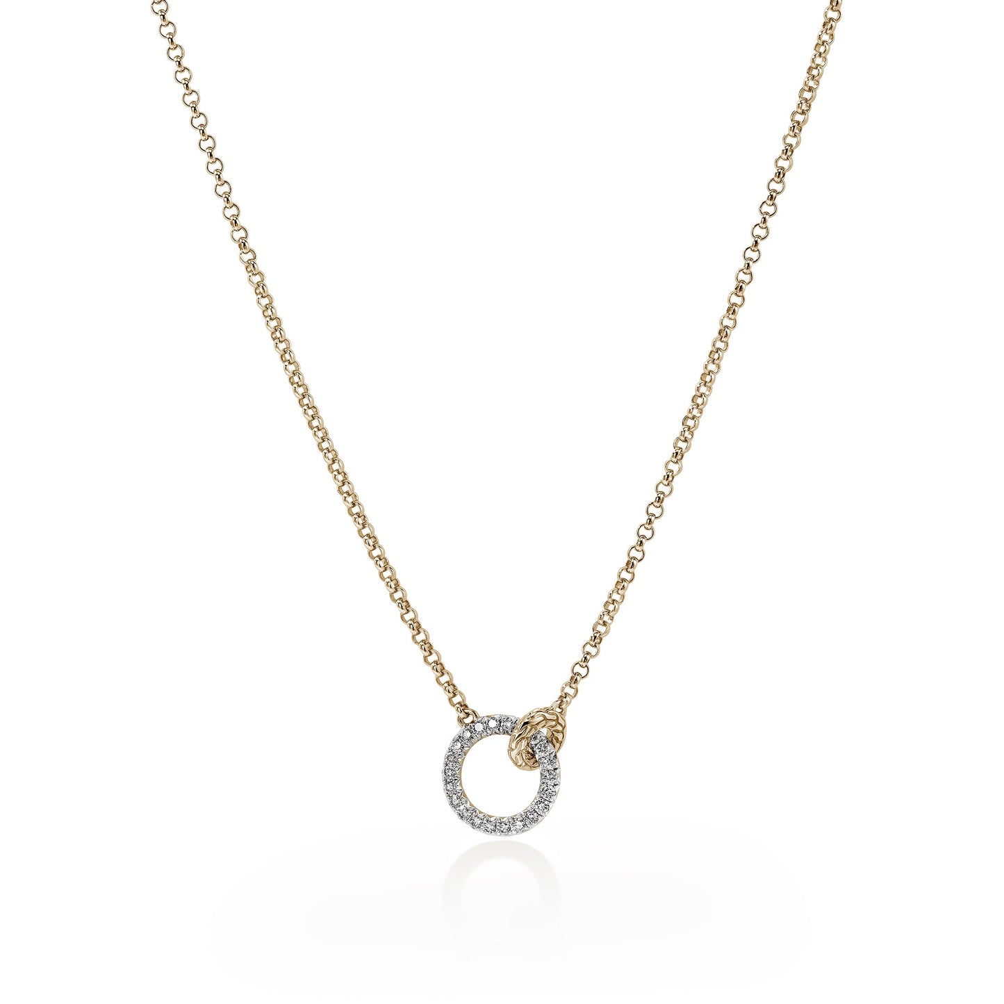 Essentials 14KY  2 Mm Mini Rolo Chain Interlinking Necklace , 16/18 Inch Adjustable . Diamond Circle Pendant