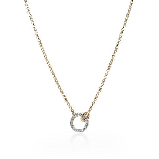 Essentials 14KY  2 Mm Mini Rolo Chain Interlinking Necklace , 16/18 Inch Adjustable . Diamond Circle Pendant
