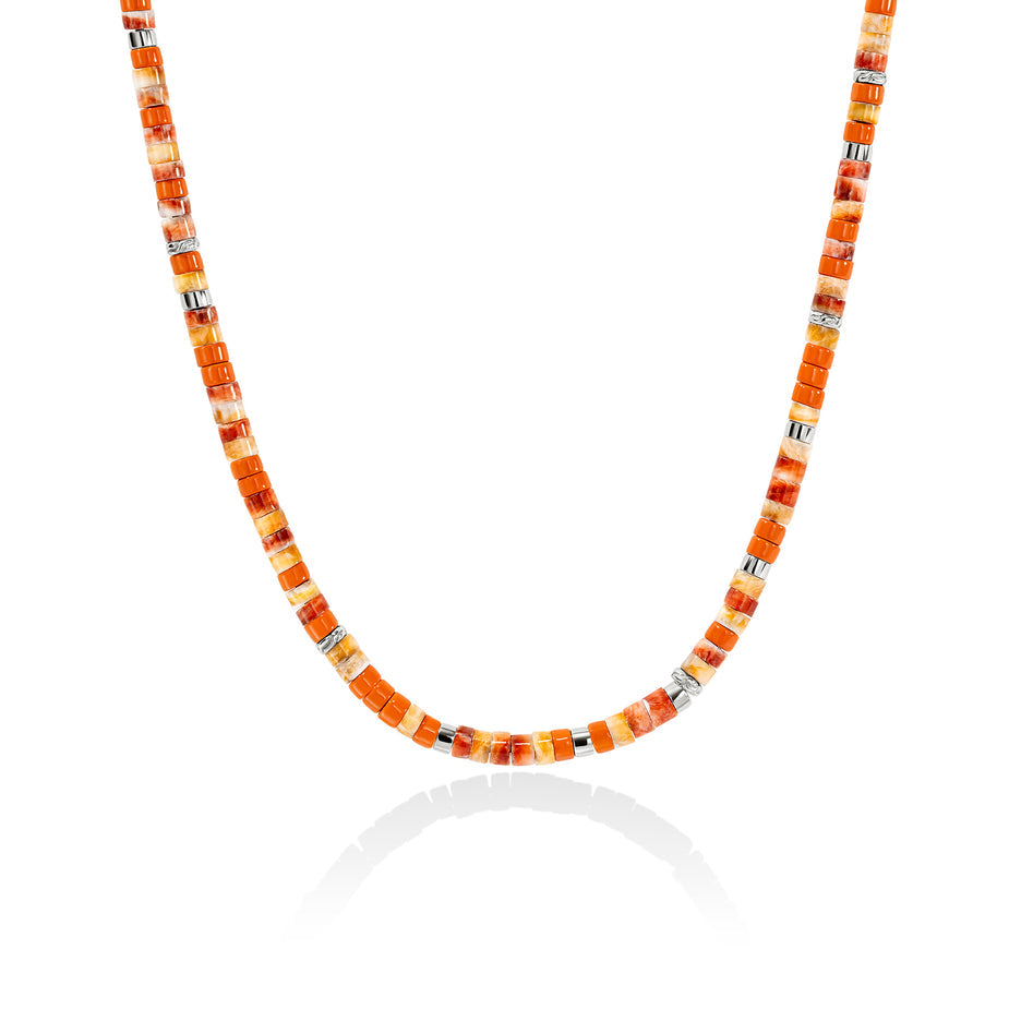 Heishi Necklace, Sterling Silver, Hardstones - Spiny Oyster Shell and Orange Enamel Beads