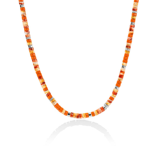 Heishi Necklace, Sterling Silver, Hardstones - Spiny Oyster Shell and Orange Enamel Beads