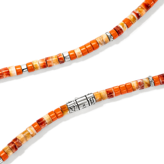 Heishi Necklace, Sterling Silver, Hardstones - Spiny Oyster Shell and Orange Enamel Beads