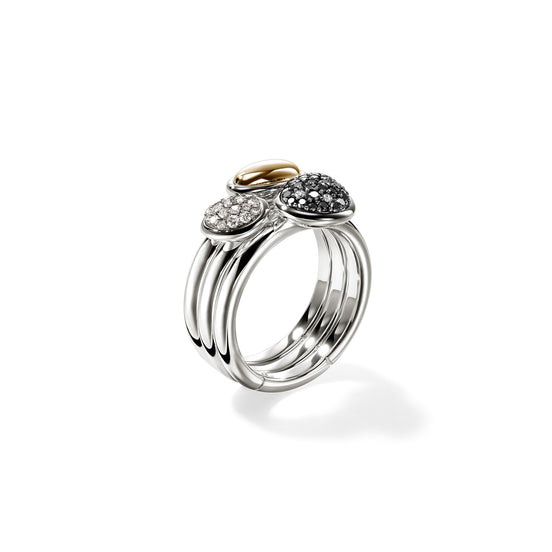 Pebble Stacking Rings, Sterling Silver, Gold, Black Sand Diamond Pavé