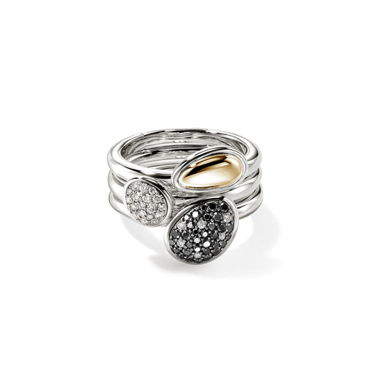 Pebble Stacking Rings, Sterling Silver, Gold, Black Sand Diamond Pavé