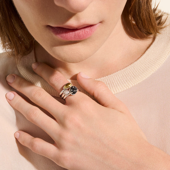 Pebble Stacking Rings, Sterling Silver, Gold, Black Sand Diamond Pavé