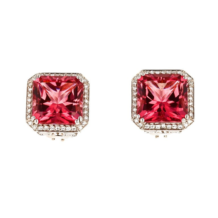 Square Cut Pink Tourmaline and Diamond Earrings
