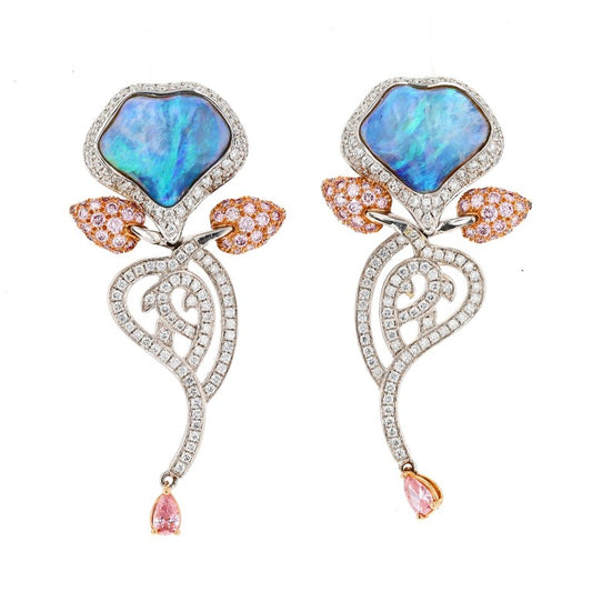 Opal, Pink Diamond & White Diamond Flower Motif Earrings