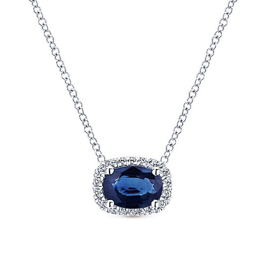 White Gold East West Oval Sapphire Diamond Halo Necklace