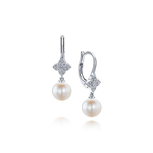 White Gold Drop Cultured Pearl Earrings