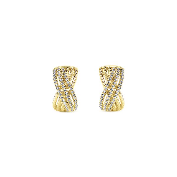 Yellow Gold Twisted Criss Cross Diamond Huggie Earrings