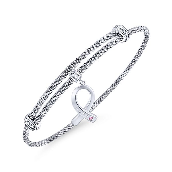 Silver/Stainless Steel Round Charm Pink Created Zircon Bangle
