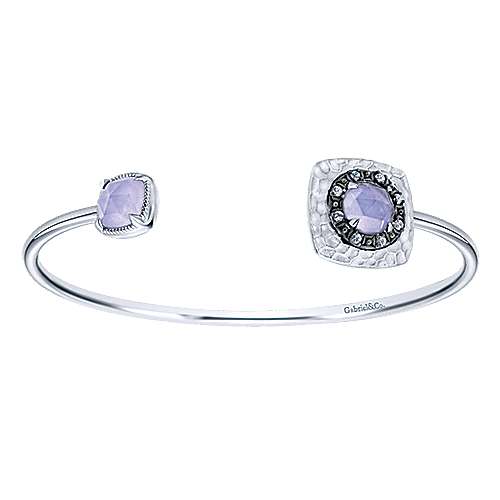 Hammered Rock Crystal / Purple Jade and White Sapphire Open Bangle