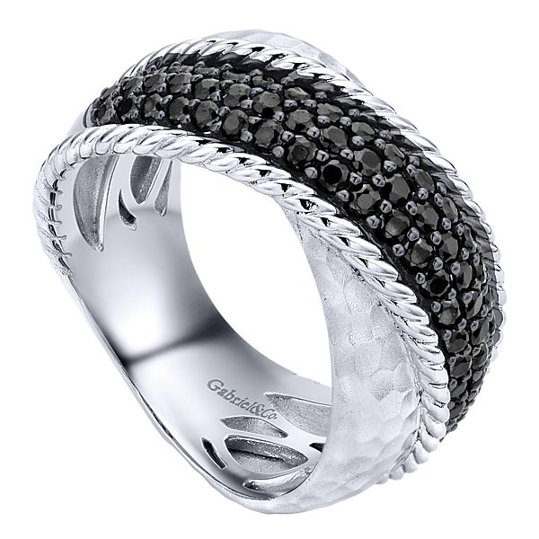 Silver White Band Black Spinel Ladies Ring