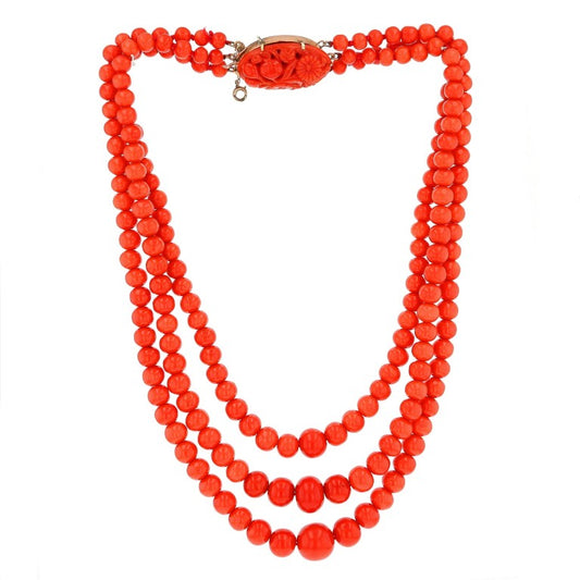 Triple Strand Graduated Red Coral Necklace with Antique Carved Coral Clasp