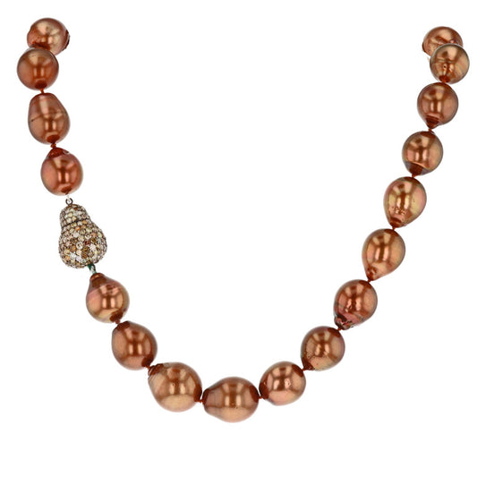 Bronze Color Enhanced South Sea Cultured Pearl Necklace with Pave Diamond Clasp