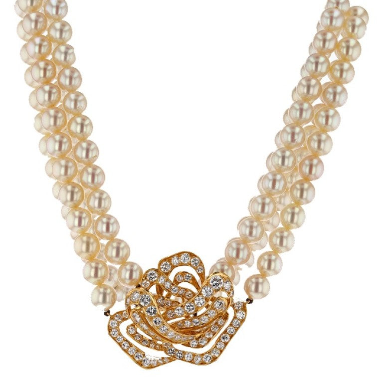 "Mauboussin Paris" Double-Strand Pearl Necklace with Diamond Clasp