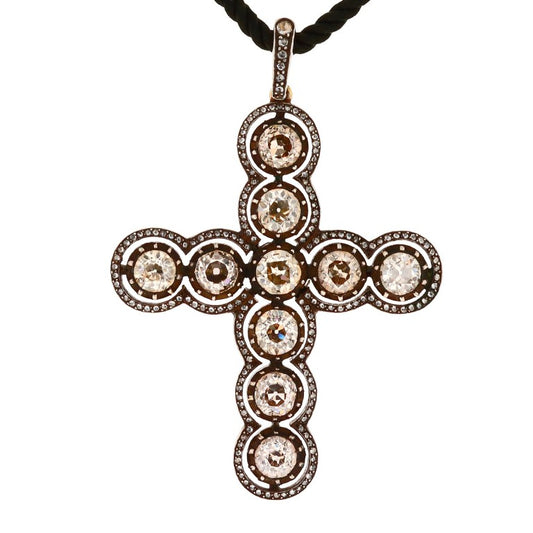 Old European Cut Diamond Cross Pendant with Black Cord Necklace