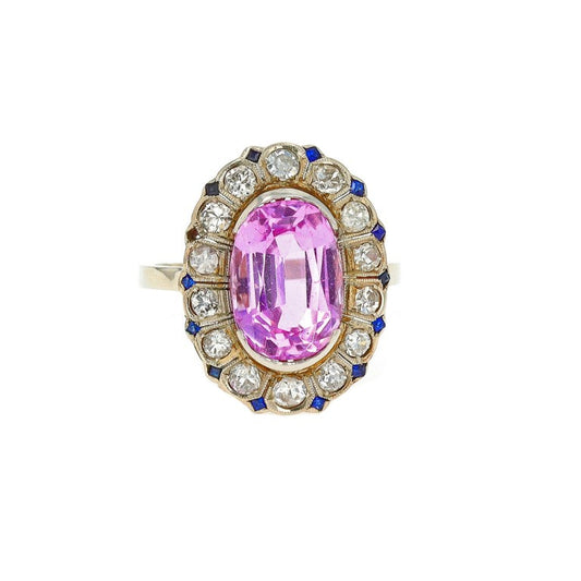 Oval Pink Topaz, Diamond and Sapphire Ring