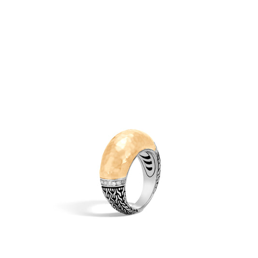 Classic Chain Hammered Dome Ring with Diamonds