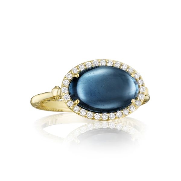 Petite Pavé Oval Cabochon Ring featuring Sky Blue Topaz over Hematite